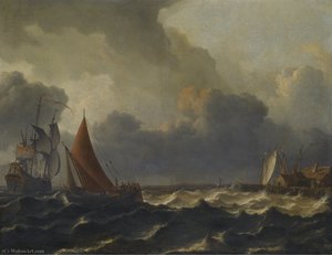 A Smalschip Closed Hauled In A Stiff Breeze With A Flagship Offshore To The Left And A Jetty To The Right — Aernout Smit