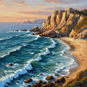 Gilded Horizons: The Monumental Dance Of Sunlit Ochre Cliffs And Deep Teal Tides — Laurent Blanc