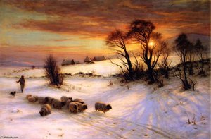 Herding Sheep In A Winter Landscape At Sunset — Joseph Farquharson