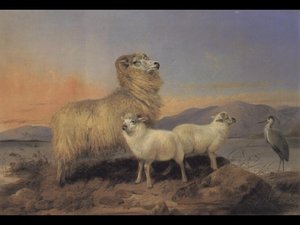 A Ewe With Lambs And A Heron Beside A Loch — Richard Ansdell