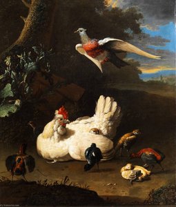 Deutsch Federvieh (henne, Küken, Wachteln, Taube) In Landschaft Unter Einem Baum — Melchior De Hondecoetter