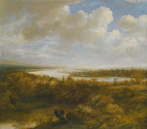 Dune Landscape With A Hunter And His Dog Walking, A Windmill, And Sailing Boats On The Water — Philips De Koninck