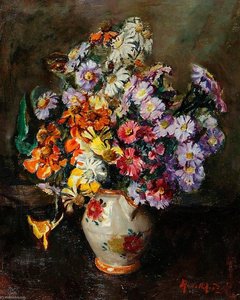 Autumn Flowers In Flowered China Jug — Rose Mead