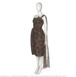Cocktail Dress In Brown And Beige Abstract Printed Silk Organza — Cristóbal Balenciaga Eizaguirre
