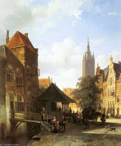 Figures In A Street In Delft — Cornelius Springer