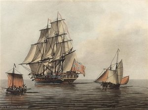 Man O War And Other Vessels In Calm Eveining Waters — Samuel Atkins