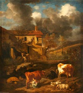 Landscape With A Milkmaid Milking A Cow, A Farm Dwelling, Cows, Sheep And A Donkey — Dirck Van Den Bergen