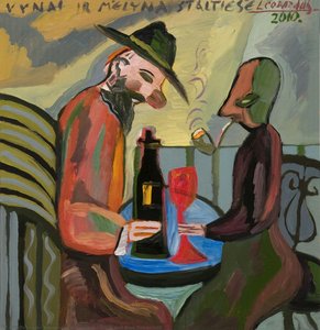 Wine And Blue Tablecloth — Leonardas Gutauskas