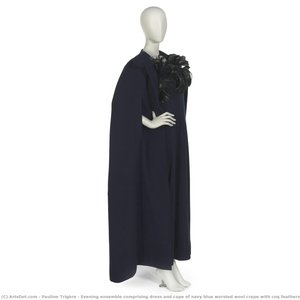 Evening Ensemble Comprising Dress And Cape Of Navy Blue Worsted Wool Crepe With Coq Feathers — Pauline Trigère