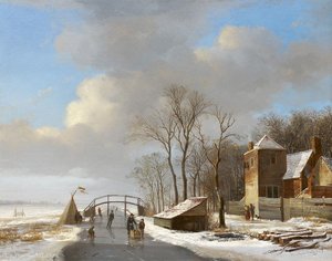 Snowy Polder Landscape With Skaters — Julius Jacobus Van De Sande Bakhuyzen