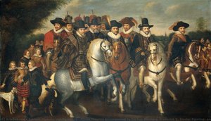 Prince Maurice Accompanied By His Two Brothers, Frederick V, Elector Palatine, And Counts Of Nassau On Horseback, Adriaen Pietersz Van De Venne (follower Of), C. 1625 — Adriaen Pietersz Van De Venne