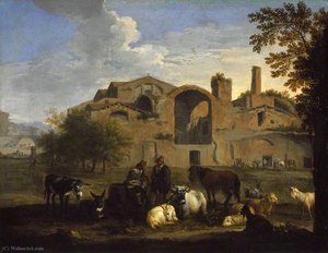 Landscape With Herdsmen And Animals In Front Of The Baths Of Diocletian, Rome — Pieter Van Bloemen