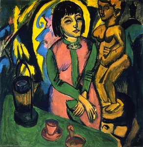 Mujer Sentada Con Escultura De Madera — Ernst Ludwig Kirchner