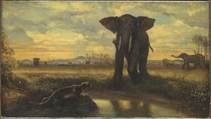 Tigre Et Elephant A La Source Dit Aussi Le Desert Indien — Alexandre Gabriel Decamps