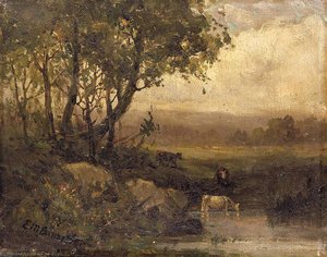Untitled (landscape, Riverbank, Three Cows) — Edward Mitchell Bannister
