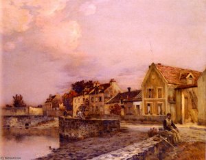 Figures At The Village Pond, Sunset — Jean Charles Cazin