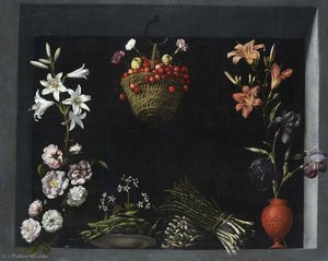 Still Life With Flowers, Vegetables And A Basket Of Cherries — Juan Sanchez Cotan