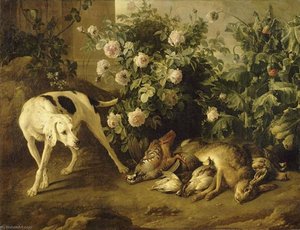 Chien Gardant Du Gibier Aupres D'un Buisson De Roses — Alexandre François Desportes