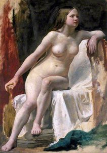Life Study Of A Female Nude Model Seated On White Drapery — William Mctaggart