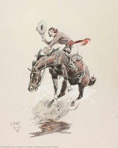Buckendes Pferd Und Cowgirl — Charles Marion Russell