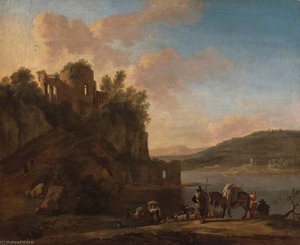 An Italianate River Landscape With Herders On A Path With Their Flock And Donkeys, Classical Ruins On A Hilltop Beyond — Jan Asselijn