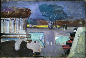 Untitled (figure lying on park bench)