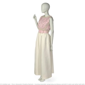 Evening Ensemble Comprising Overblouse And Skirt In Pink And White Twill With Confection Beading — Pierre Balmain