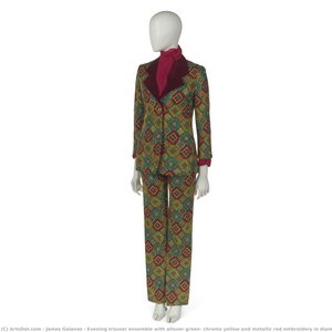 Evening Trouser Ensemble With Allover Green, Chrome Yellow And Metallic Red Embroidery In Diamond And Lozenge Pattern — James Galanos