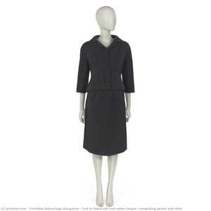 Suit In Black Silk And Nylon Cloque, Comprising Jacket And Skirt — Cristóbal Balenciaga Eizaguirre