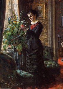Portrait Of Fru Lisen Samson, Nee Hirsch, Arranging Flowers At A Window — Anders Leonard Zorn