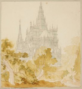 A Gothic Cathedral Behind Trees — Karl Friedrich Schinkel