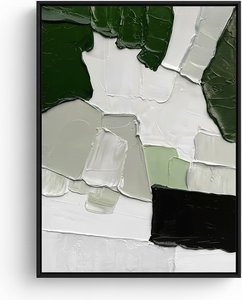 Abstract Impasto Oil Painting On Canvas - Forest Green & White