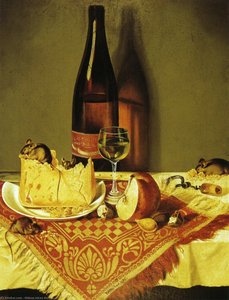 Still Life With Cheese, Bottle Of Wine And Mouse — William Aiken Walker