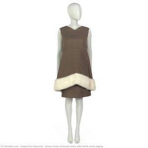 Dinner Dress Of Brown Linen With White Mink Edging — Hubert De Givenchy