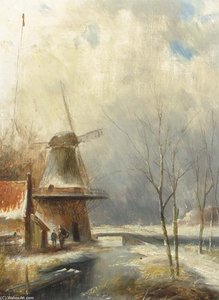 A Winter Landscape With Peasants Conversing By A Windmill — Jan Evert Morel