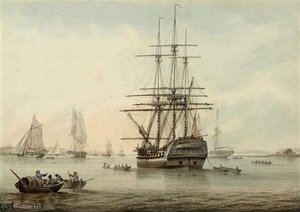 A British Frigate At Anchor With Other Shipping In The Distance — Samuel Atkins