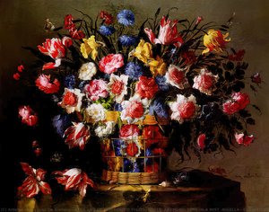 Still Life Of Variegated Tulips, Roses, Anemone, Love-in-a Mist (nigella), Cornflowers, Daffodils And Other Flowers — Juan De Arellano