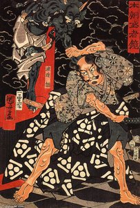 Watanabe Tsuna Fighting The Demon At The Rashomon — Utagawa Kuniyoshi