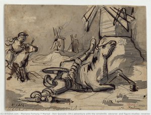Don Quixote's Adventure With The Windmills (obverse) And Figure Studies (reverse) — Μαριάνο Φορτούνη Ι Y Μαρσάλ