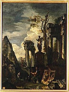 Ruines D'architecture Avec La Pyramide De Cestius Et La Statue De Flore — Giovanni Paolo Panini