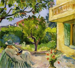 Le Cannet Madame Lebasque Reading In The Garden — Henri Lebasque