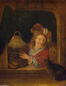Children With A Cage And A Cat — Eglon Hendrik Van Der Neer