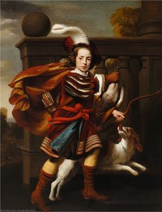 Portrait Of A Young Boy As A Hunter With His King Charles Spaniel — Cornelis Bisschop