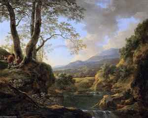 An Extensive River Landscape With Herdsmen Resting Their Goats Under A Tree — Jan Both