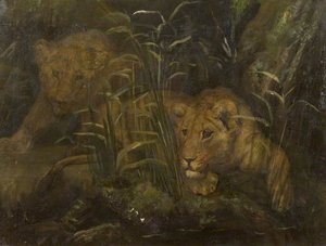 Two Lions At A Pool — John Trivett Nettleship