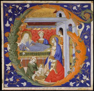 Manuscript Illumination With The Birth Of The Virgin In An Initial G, From A Gradual — Don Silvestro Dei Gherarducci
