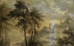 Fortified Building With Trees And Figures — James Norie