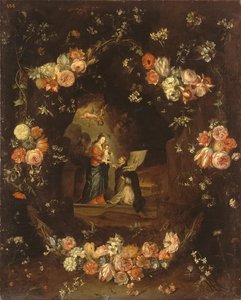 Madonna With The Child And St Ildephonsus Framed With A Garland Of Flowers — Jan Van Kessel