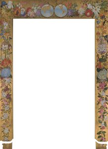 Encadrement De Porte Décoratif Présentant Une Image Du Globe Entourée D'une Composition Florale Illustrée Sur Un Fond Doré — Marianne North