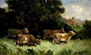 Untitled (five Cows In Pasture, Rooftop In Background) — Edward Mitchell Bannister